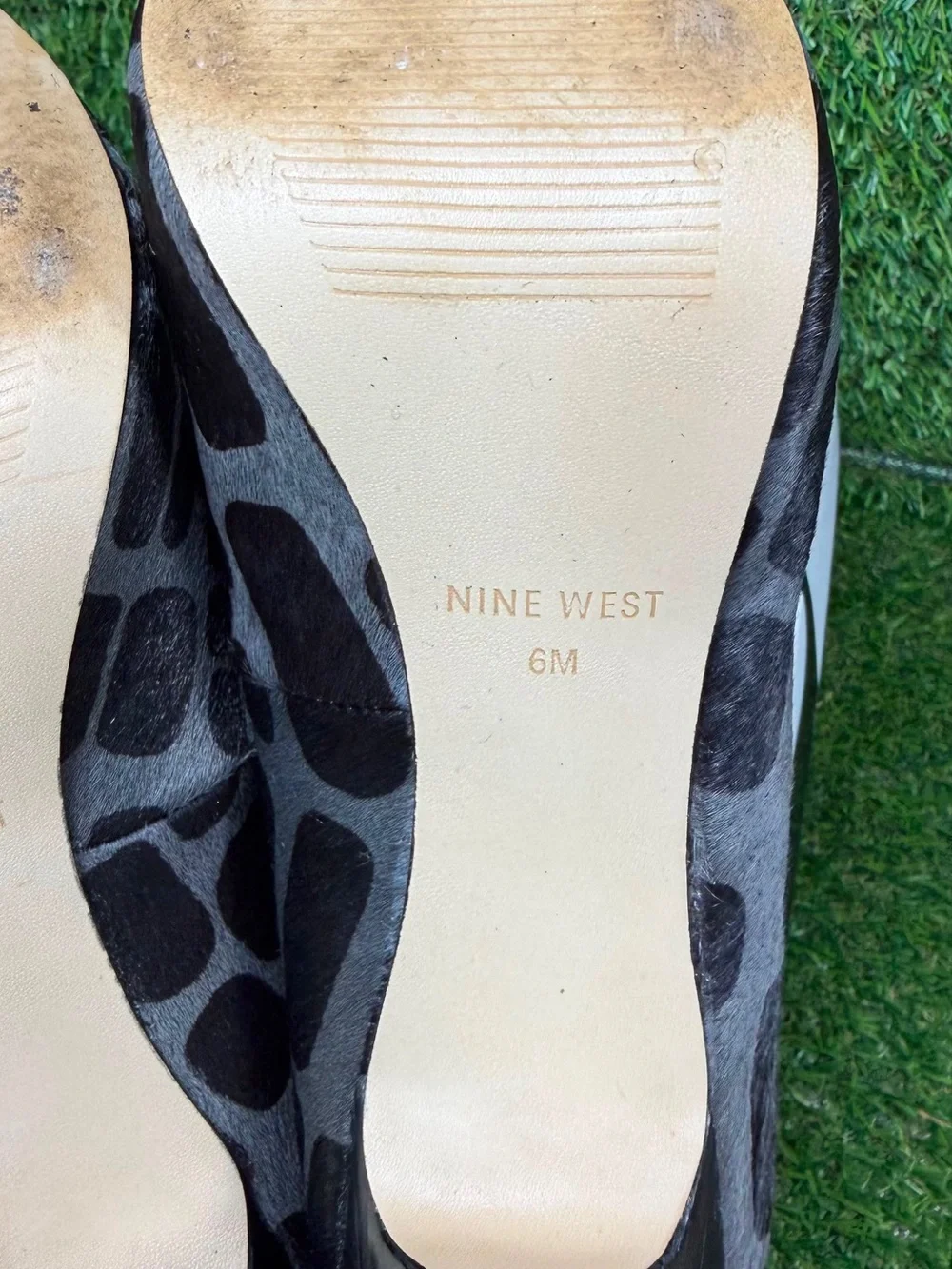Nine West Peep Toe Platform Heels Grey Animal Print Calf Hair Size 6M